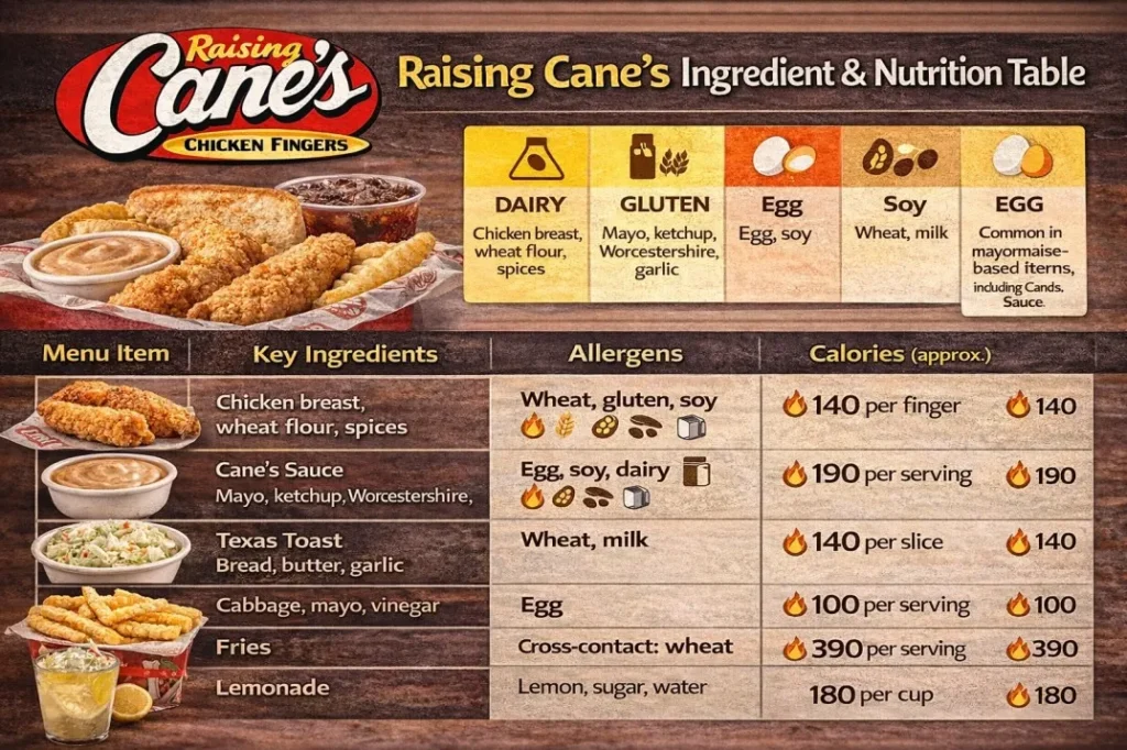 Raising Cane’s Ingredient & Nutrition Table